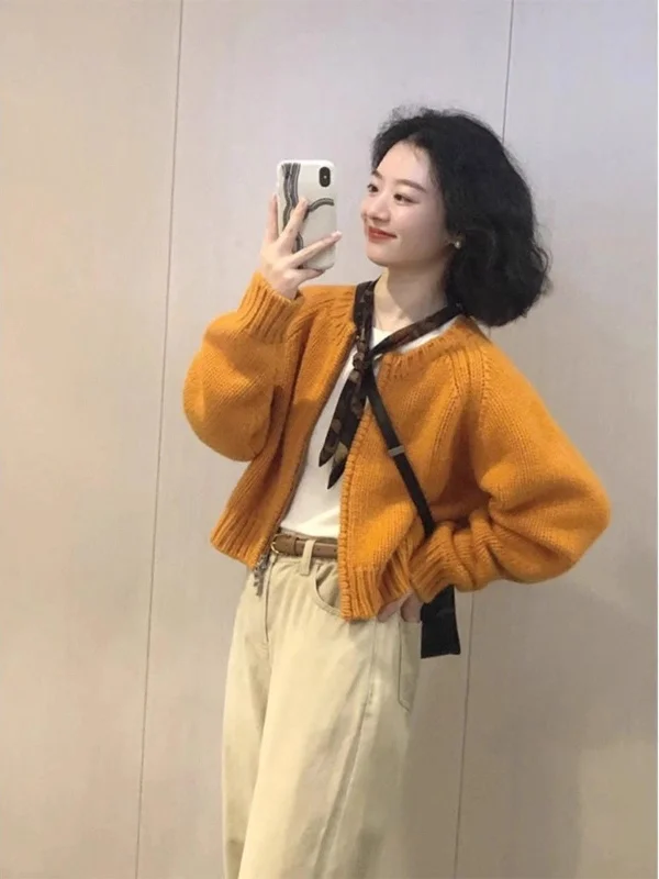 organic cotton women cardigan for an eco - friendly choiceOrange knitted cardigan sweater spring women's new spring and autumn coat     S3379
