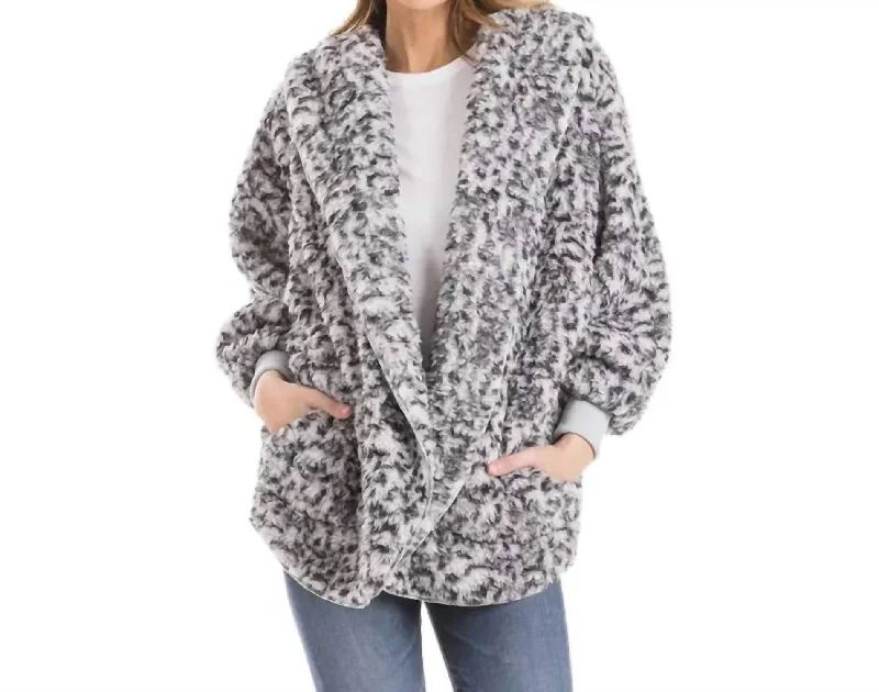 long length women cardigan with side slitsOs Sherpa Cardigan In Gray Leopard