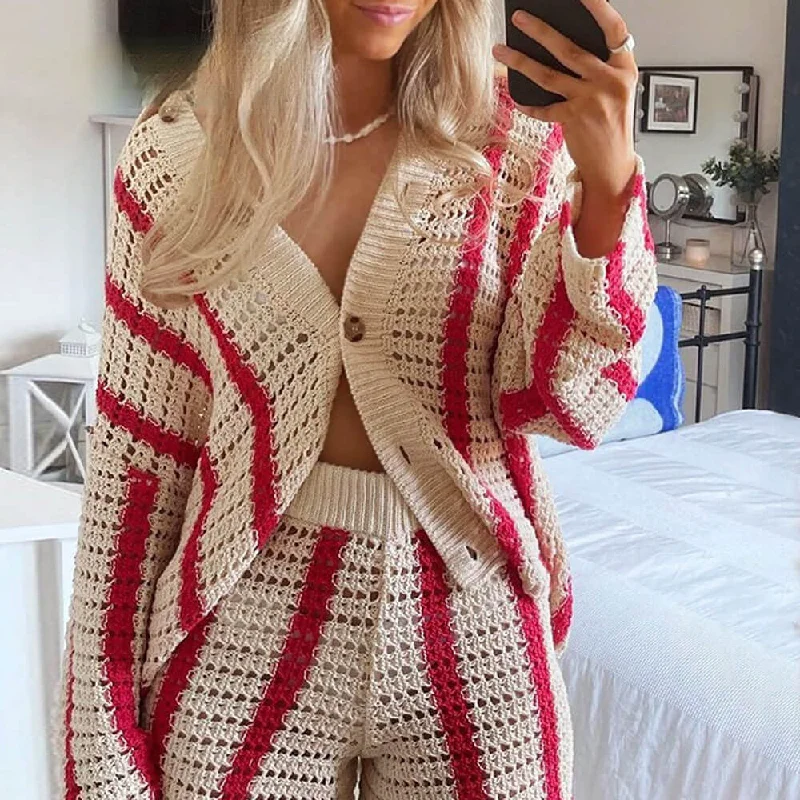 plus size women cardigan for comfortable layeringOversized Collared Crochet Open Knit Red and White Striped Cardigan plus size women cardigan for comfortable layeringOversized Collared Crochet Open Knit Red and White Striped Cardigan