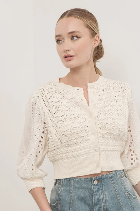 Paige 3/4 Sleeve Crochet Cardigan Sweater Top Cream