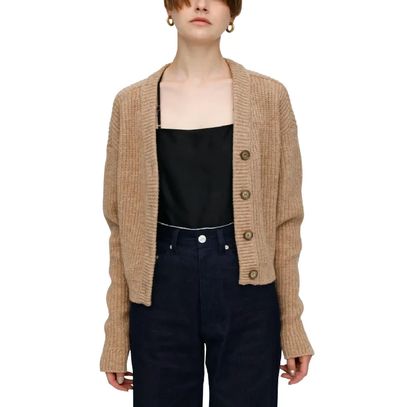 cropped women cardigan to pair with high - waisted jeansPersuasive V-Neck Knit Cardigan In Beige cropped women cardigan to pair with high - waisted jeansPersuasive V-Neck Knit Cardigan In Beige