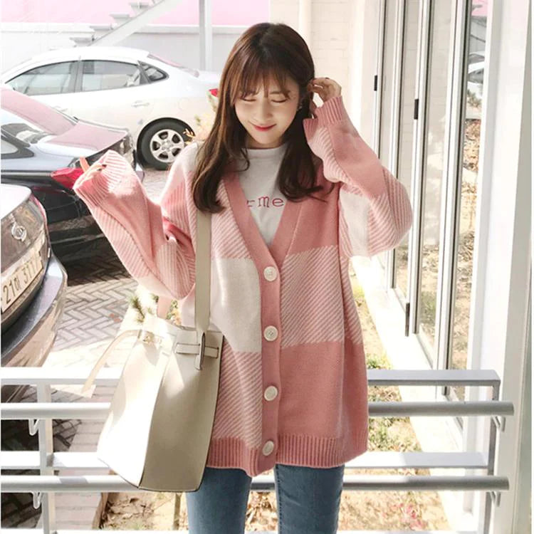 ribbed women cardigan with a classic texturePink Casual Plaid V-Neck Cardigan S2797 ribbed women cardigan with a classic texturePink Casual Plaid V-Neck Cardigan S2797