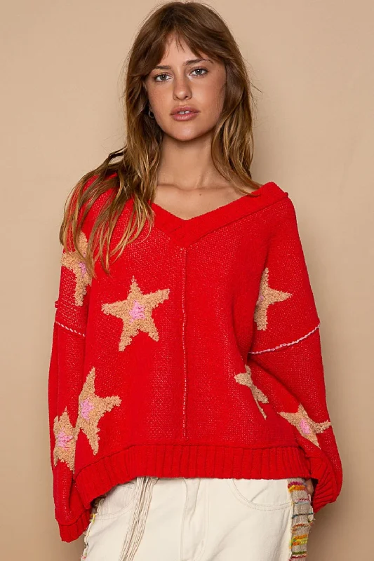 Hot Girl Contrast Stitch Star Patch Sweater In Red