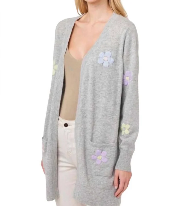 ribbed women cardigan with a classic texturePolly Floral Cardigan In Grey/soft Lilac ribbed women cardigan with a classic texturePolly Floral Cardigan In Grey/soft Lilac