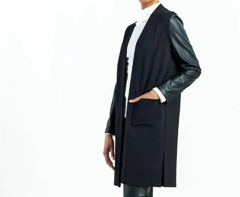 Ponte + Liquid Leather Sleeve Cardigan In Black