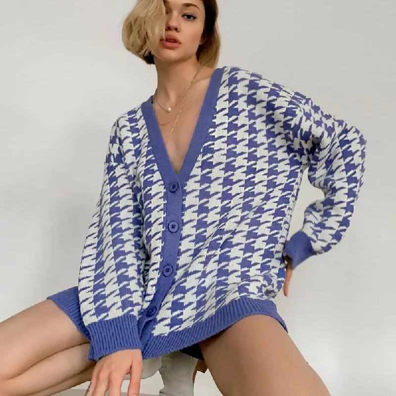 long length women cardigan with side slitsPreppy V Neck Button Up Oversized Houndstooth Cardigan long length women cardigan with side slitsPreppy V Neck Button Up Oversized Houndstooth Cardigan