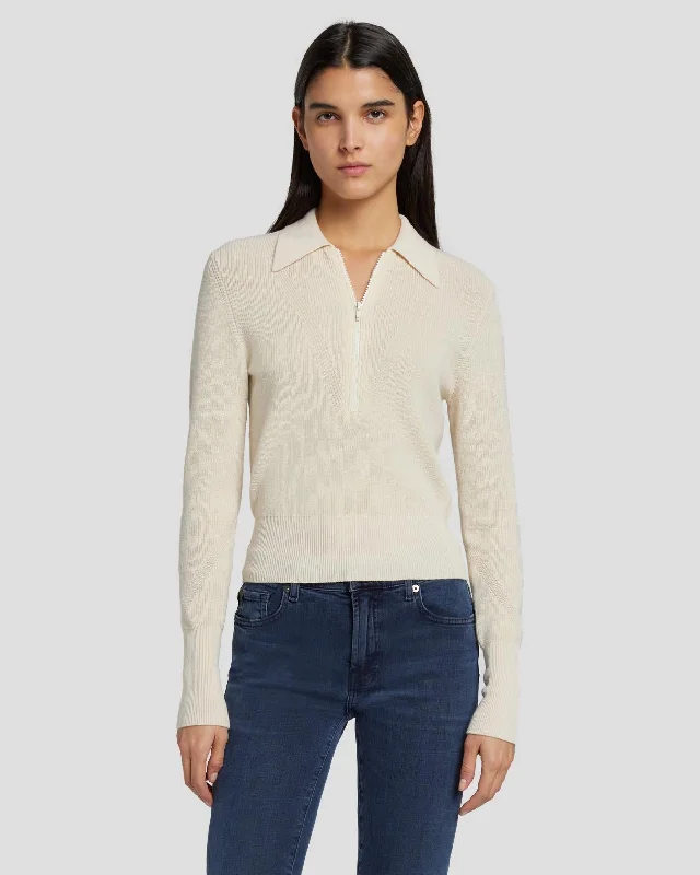 Hooded Women's Fleece - Lined Sweaters for WinterQuarter Zip Polo Sweater in Cream