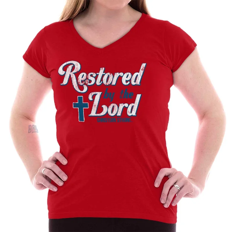 Graphic Print Women T Shirt for a Trendy StatementRestored by Lord Junior Fit V-Neck T-Shirt Graphic Print Women T Shirt for a Trendy StatementRestored by Lord Junior Fit V-Neck T-Shirt