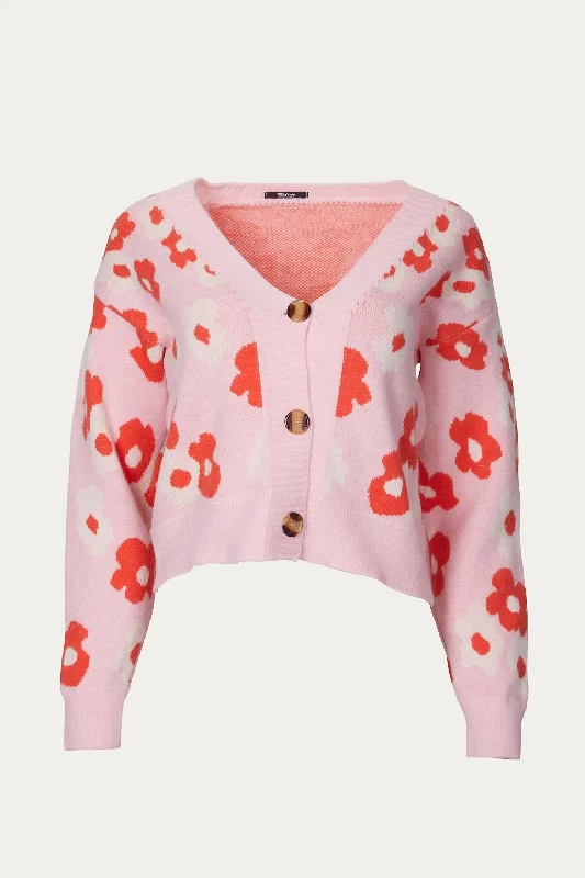 plus size women cardigan for comfortable layeringRetro Knit Floral Cardigan In Pink
