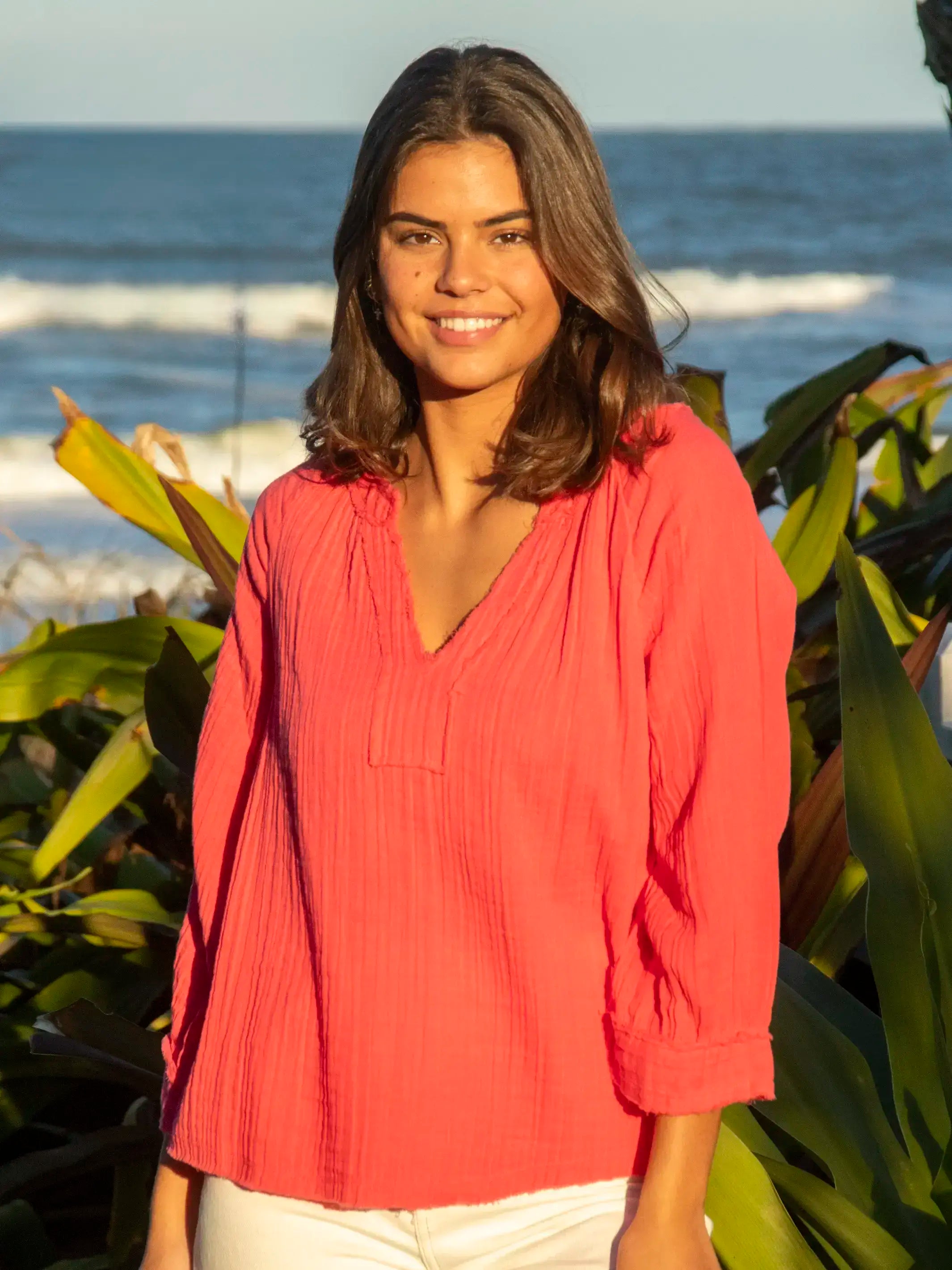 Button - Down Women's Shetland Wool Sweaters in Traditional PatternsRobyn Cotton Gauze Top - Coral Button - Down Women's Shetland Wool Sweaters in Traditional PatternsRobyn Cotton Gauze Top - Coral