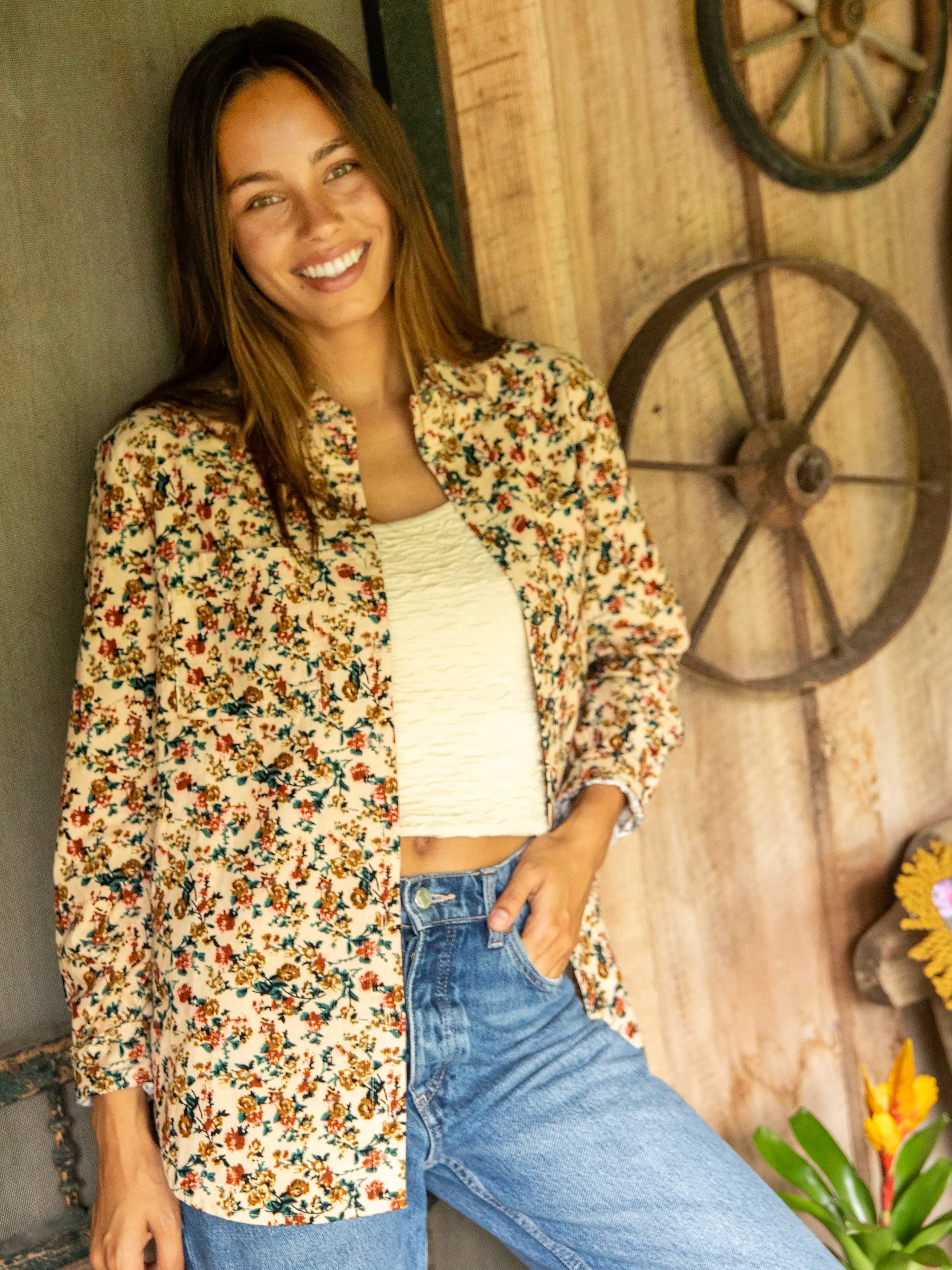 Rocky Corduroy Button Down - Cream Mustard Bouquets Floral