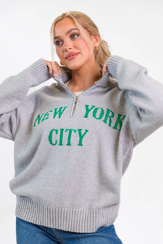 Roll With It Grey and Green New York Embroidered Quarter Zip Sweater