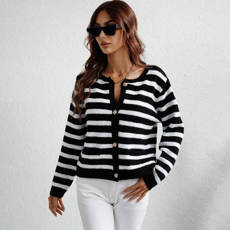 cable knit women cardigan with intricate patternsSimple Crew Neck Gold Tone Button Front Long Sleeve Striped Knit Cardigan cable knit women cardigan with intricate patternsSimple Crew Neck Gold Tone Button Front Long Sleeve Striped Knit Cardigan