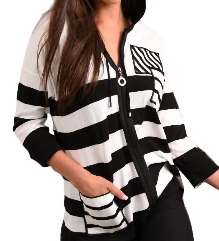 Sleeve Hooded Cardigan In White/black