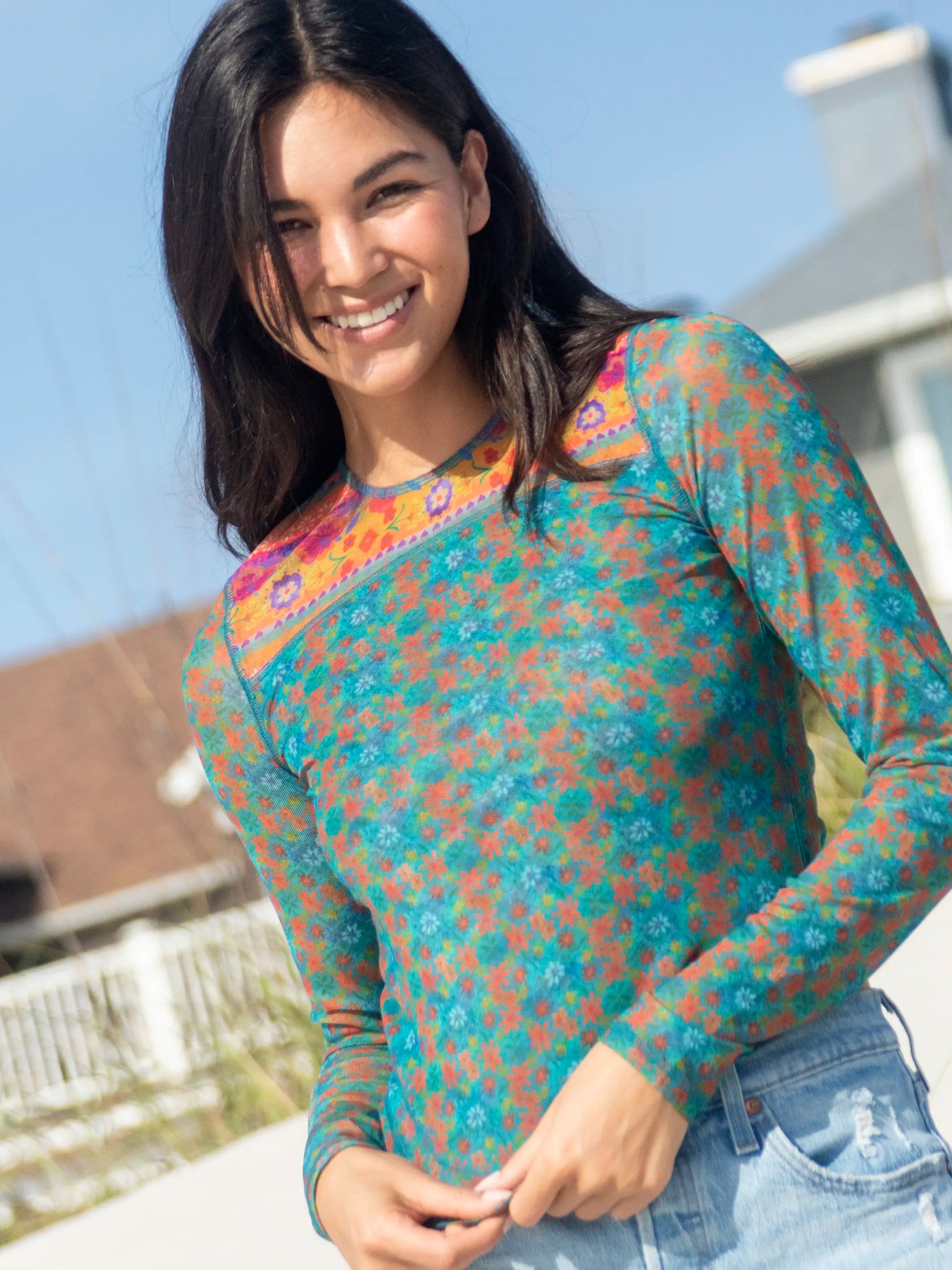 High - Low Hem Women's Cashmere - Blended SweatersSloane Mesh Long Sleeve Top - Bright Border High - Low Hem Women's Cashmere - Blended SweatersSloane Mesh Long Sleeve Top - Bright Border