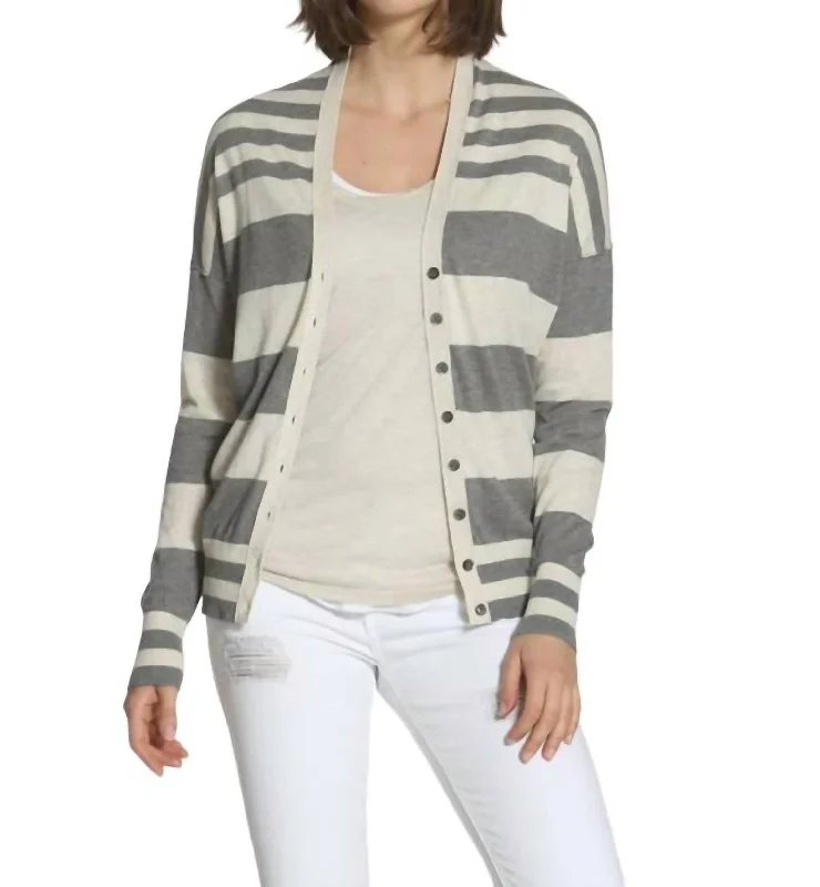 machine washable women cardigan for easy careStriped Cotton Cardigan In Grey/ecru