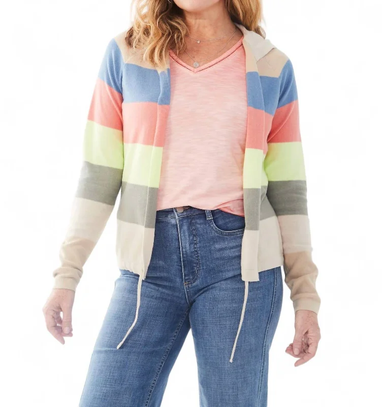 color block women cardigan with bold huesStriped Hooded Cardigan In Multi