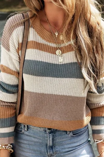 Plus Size Women's Sequined Sweaters for Special OccasionsStriped Round Neck Dropped Shoulder Sweater Plus Size Women's Sequined Sweaters for Special OccasionsStriped Round Neck Dropped Shoulder Sweater