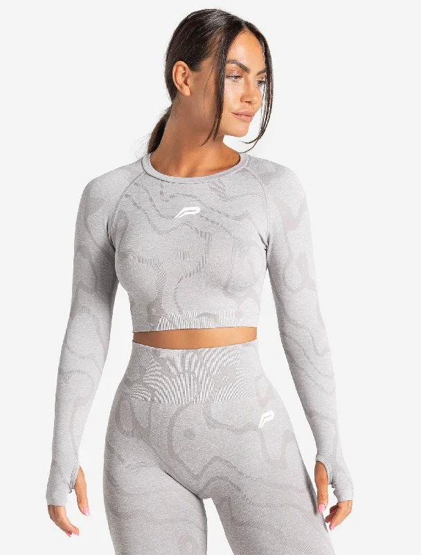 Tie - Dye Women T Shirt with a Bohemian VibeSustainable Seamless Long Sleeve Crop Top - Cloud Grey Tie - Dye Women T Shirt with a Bohemian VibeSustainable Seamless Long Sleeve Crop Top - Cloud Grey