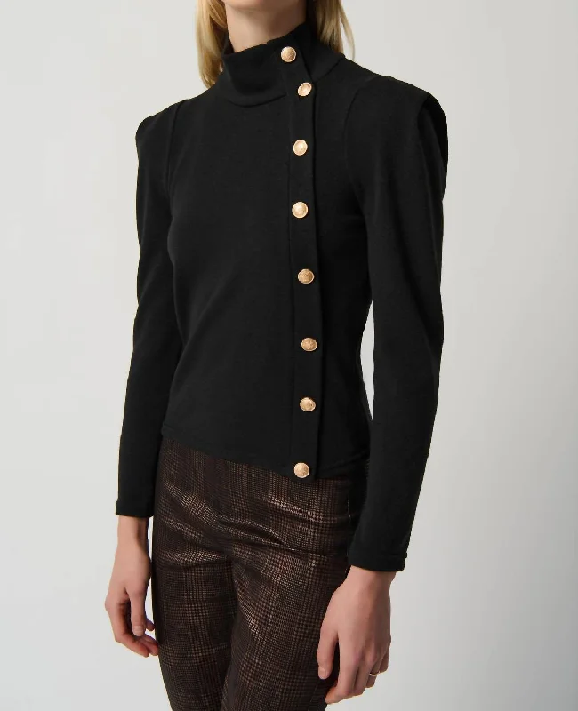 Sweater Knit Buttoned Fitted Top In Black