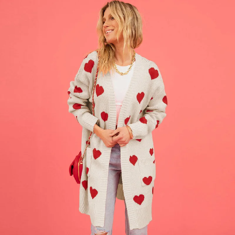oversized women cardigan for a trendy and cozy lookSweet Love Pattern Collarless Long Sleeve Pocket Detail Open Front Knit Cardigan oversized women cardigan for a trendy and cozy lookSweet Love Pattern Collarless Long Sleeve Pocket Detail Open Front Knit Cardigan