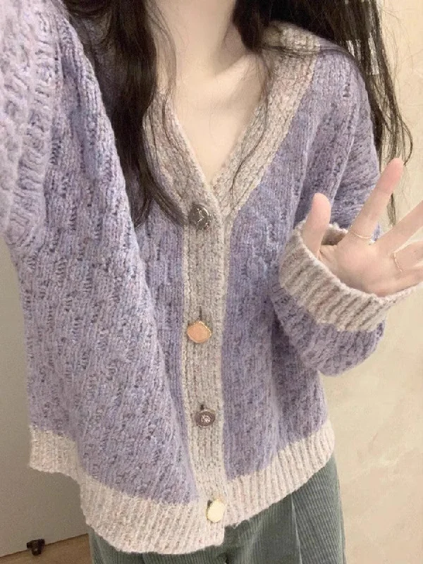 hooded women cardigan for added warmth and styleTaro purple v-neck sweater jacket for women Korean style knitted cardigan S3384 hooded women cardigan for added warmth and styleTaro purple v-neck sweater jacket for women Korean style knitted cardigan S3384