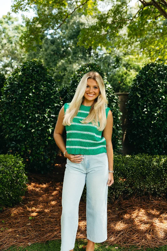 Plus Size Women's Belted Cable Knit SweatersThe Zoey Striped Sweater - Green/Ivory