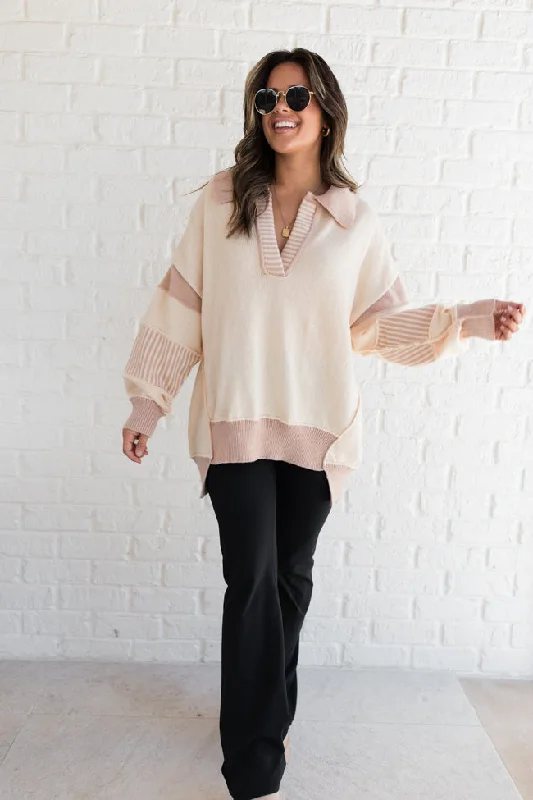 Think About It Cream and Mauve Collared Oversized Sweater