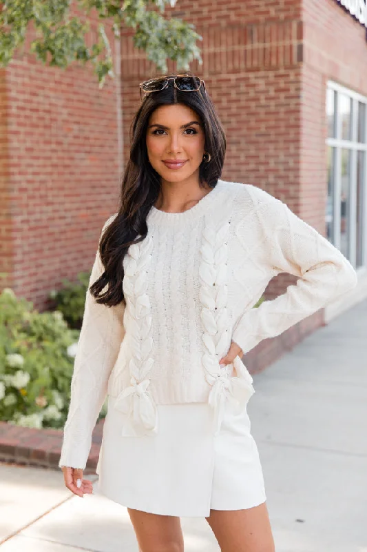 Open - Front Women's Cardigan - Style Mohair SweatersTied To You Ivory Lace Up Sweater Open - Front Women's Cardigan - Style Mohair SweatersTied To You Ivory Lace Up Sweater
