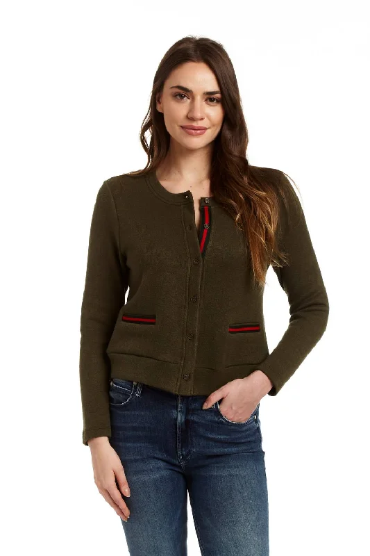 machine washable women cardigan for easy careTracy Ribbon Trim Cardigan In Army