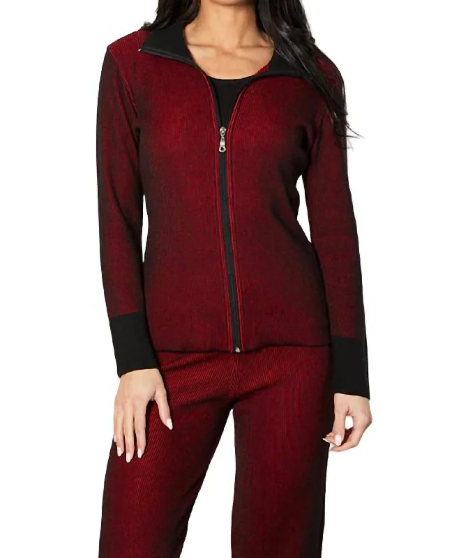 Two Tone Ribbed Cardigan In Rouge