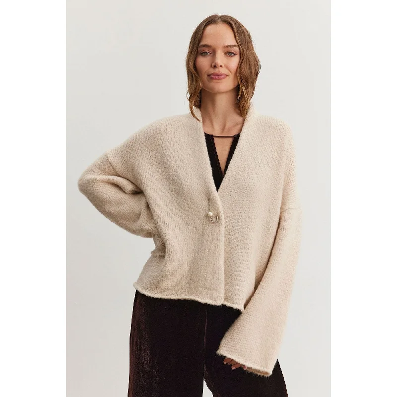 Velvet by Graham and Spencer Chanson Brushed Knit Open Cardigan with Pin in Beige