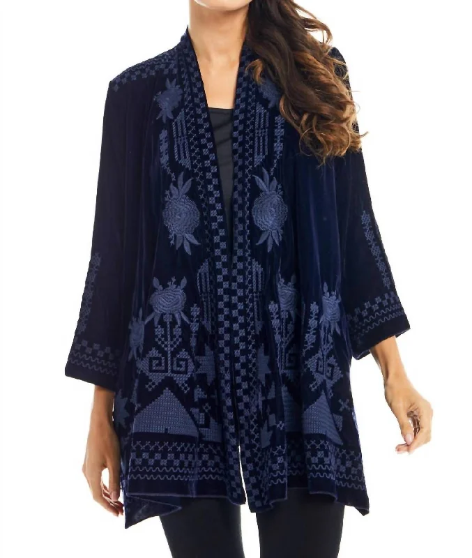 ribbed women cardigan with a classic textureVelvet Embroidered Cardigan In Blue