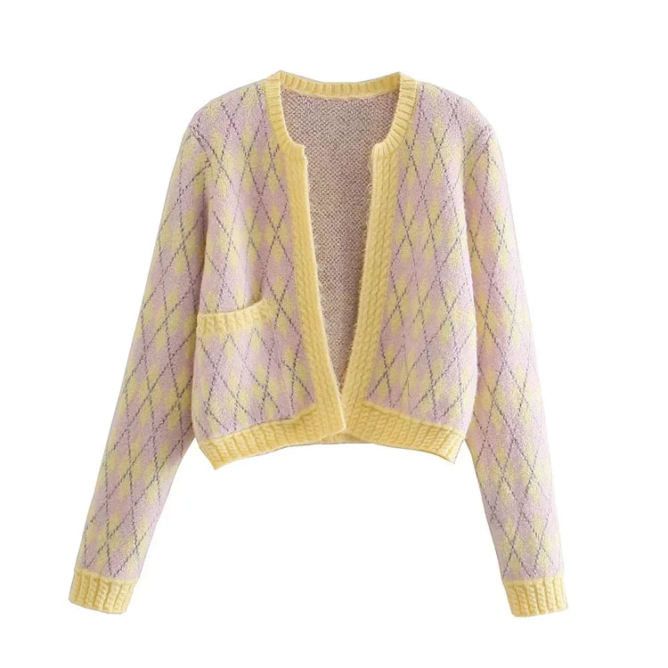 ribbed women cardigan with a classic textureVersatile diamond check sweater cardigan jacket      S2525