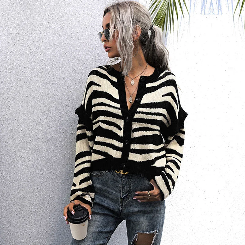 lightweight women cardigan for spring and fallVintage Bicolor Zebra Print Drop Shoulder Button Up Knit Cardigan lightweight women cardigan for spring and fallVintage Bicolor Zebra Print Drop Shoulder Button Up Knit Cardigan