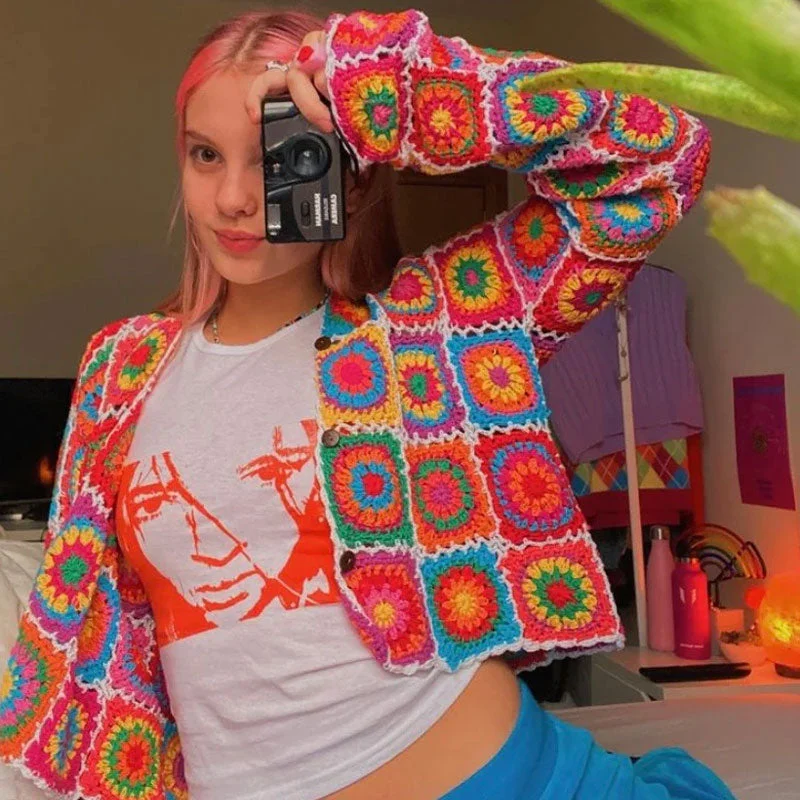organic cotton women cardigan for an eco - friendly choiceVintage Cropped Button Up Multicolored Crochet Granny Square Cardigan