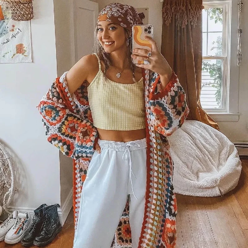 oversized women cardigan for a trendy and cozy lookVintage Hooded Long Sleeve Multicolored Crochet Granny Square Cardigan oversized women cardigan for a trendy and cozy lookVintage Hooded Long Sleeve Multicolored Crochet Granny Square Cardigan