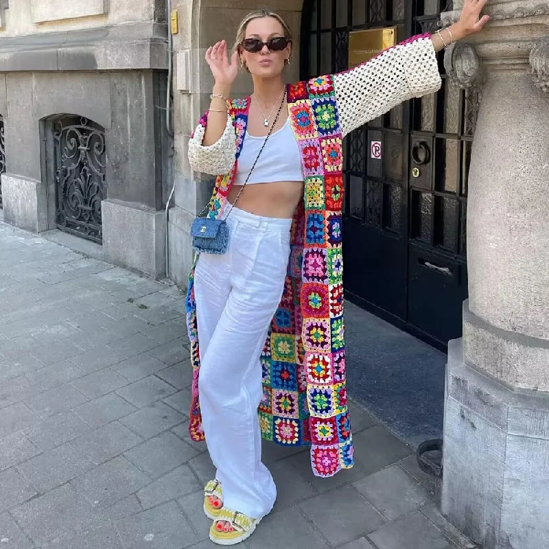cropped women cardigan to pair with high - waisted jeansVintage Long Sleeve Multicolored Crochet Granny Square Duster Cardigan cropped women cardigan to pair with high - waisted jeansVintage Long Sleeve Multicolored Crochet Granny Square Duster Cardigan