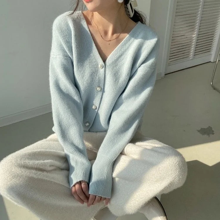 hooded women cardigan for added warmth and styleVintage Top Cardigan Women Sweater Pink Blue V-Neck Knitted Solid Clothes Fashion New S2749 hooded women cardigan for added warmth and styleVintage Top Cardigan Women Sweater Pink Blue V-Neck Knitted Solid Clothes Fashion New S2749