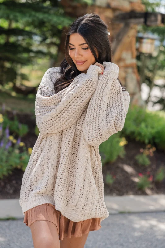 Wide Open Spaces Beige Chenille Cable Knit Oversized Sweater