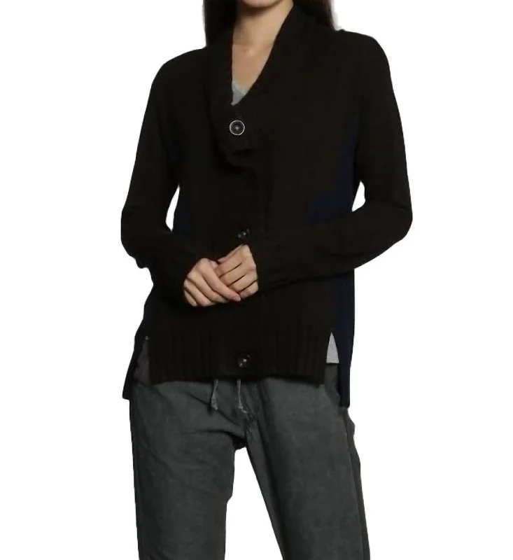 long length women cardigan with side slitsWillow Button Cardigan In Brown/navy