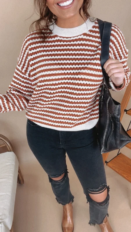Plus Size Women's Oversized Chunky Knit SweatersTrue Classic Striped Crochet Sweater, Rust Plus Size Women's Oversized Chunky Knit SweatersTrue Classic Striped Crochet Sweater, Rust