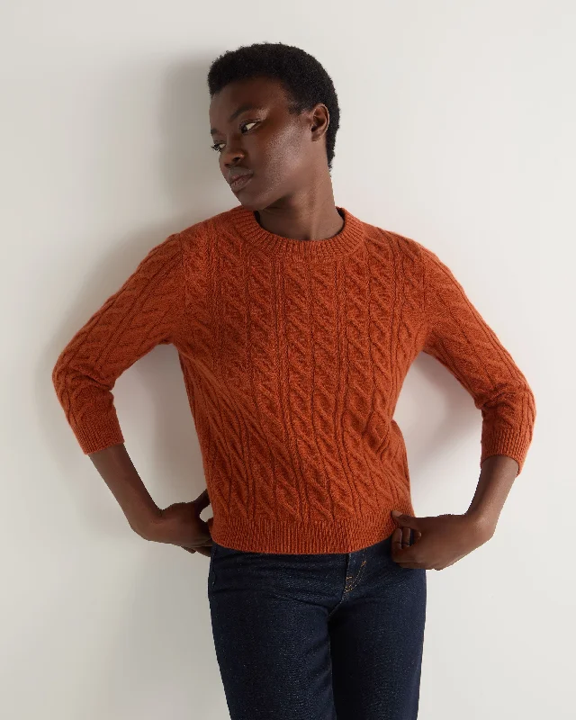 Women's Emilia Cable Round Neck Cashmere Sweater Rust Orange