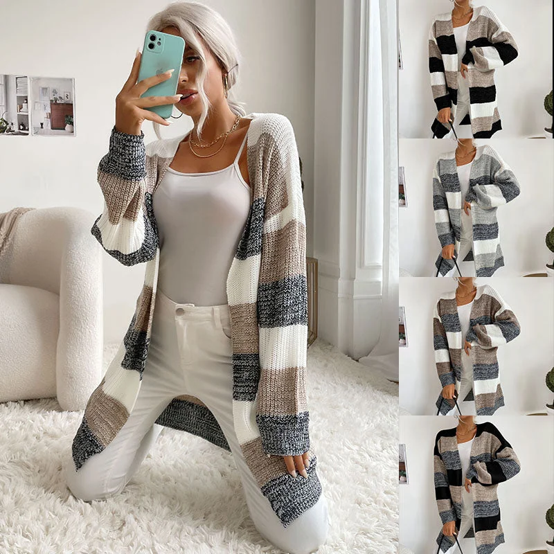 Womens Color Block Sweater Coat Outwear Long Sleeve Open Front Loose Knitted Cardigan Sweaters