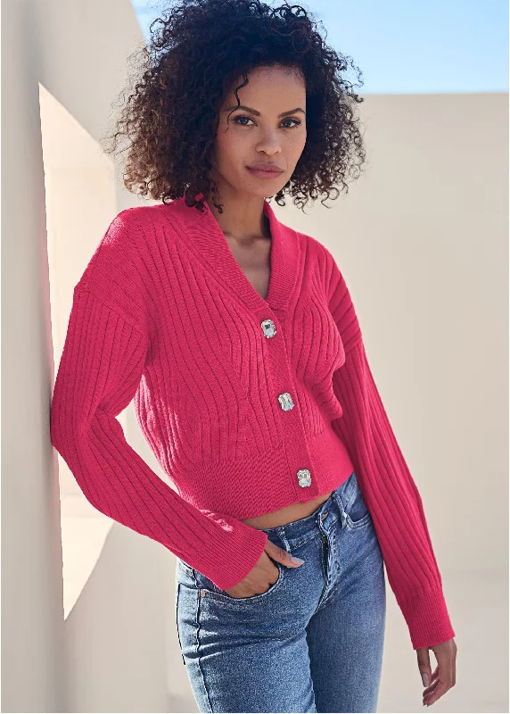 v neck women cardigan to elongate the necklineBejeweled Button Cardigan  - Hot Pink