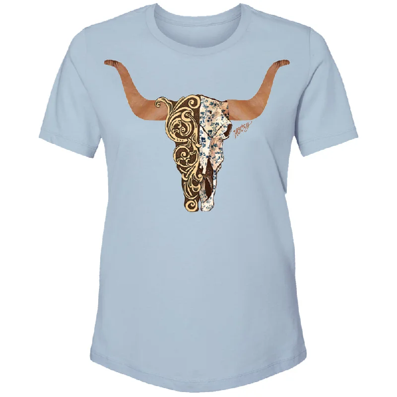Long Sleeve Women T Shirt for Cooler Weather"Yuma" Denim w/Brown/Tan Floral Skull T-shirt Long Sleeve Women T Shirt for Cooler Weather"Yuma" Denim w/Brown/Tan Floral Skull T-shirt