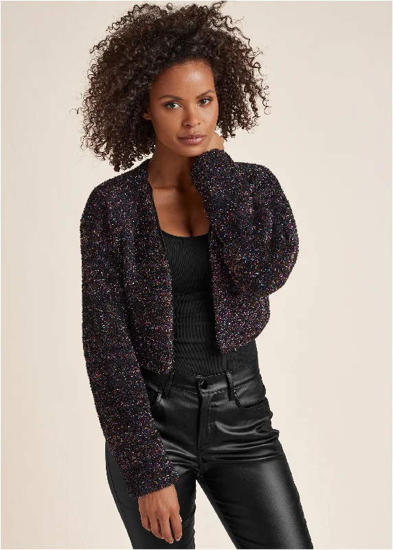v neck women cardigan to elongate the necklineLurex Cropped Cardigan - Black Multi