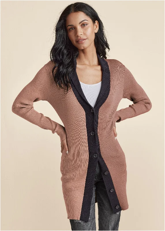 open front women cardigan for easy stylingTwo-Tone Knit Cardigan - Tan