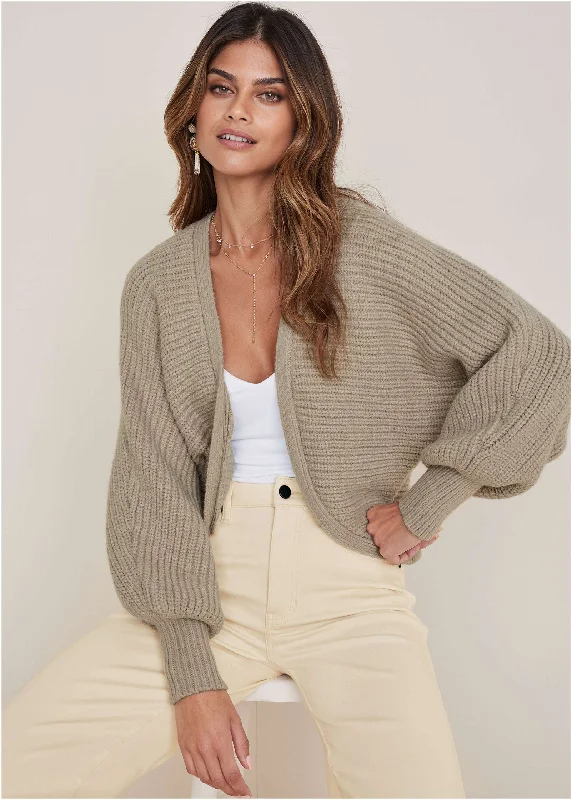 color block women cardigan with bold huesShrug Cardigan - Oxford Tan