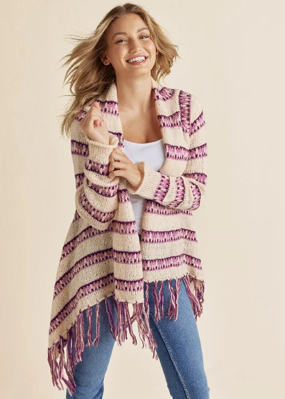 cropped women cardigan to pair with high - waisted jeansStripe Fringe Cardigan - Beige Multi cropped women cardigan to pair with high - waisted jeansStripe Fringe Cardigan - Beige Multi